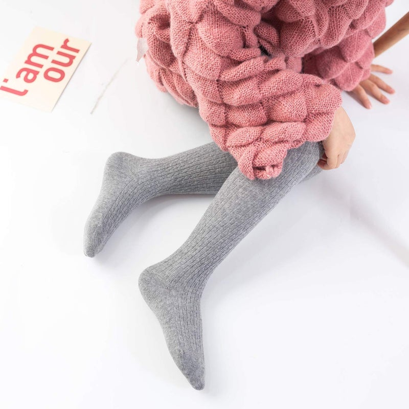 EPEIUS Girl Leggings Thick Cable Knit Kids Girl Warm Cotton Pantyhose Little Girl Stockings Dress Tights School Uniform, White Pink Grey, 6-8 Years - Image 2